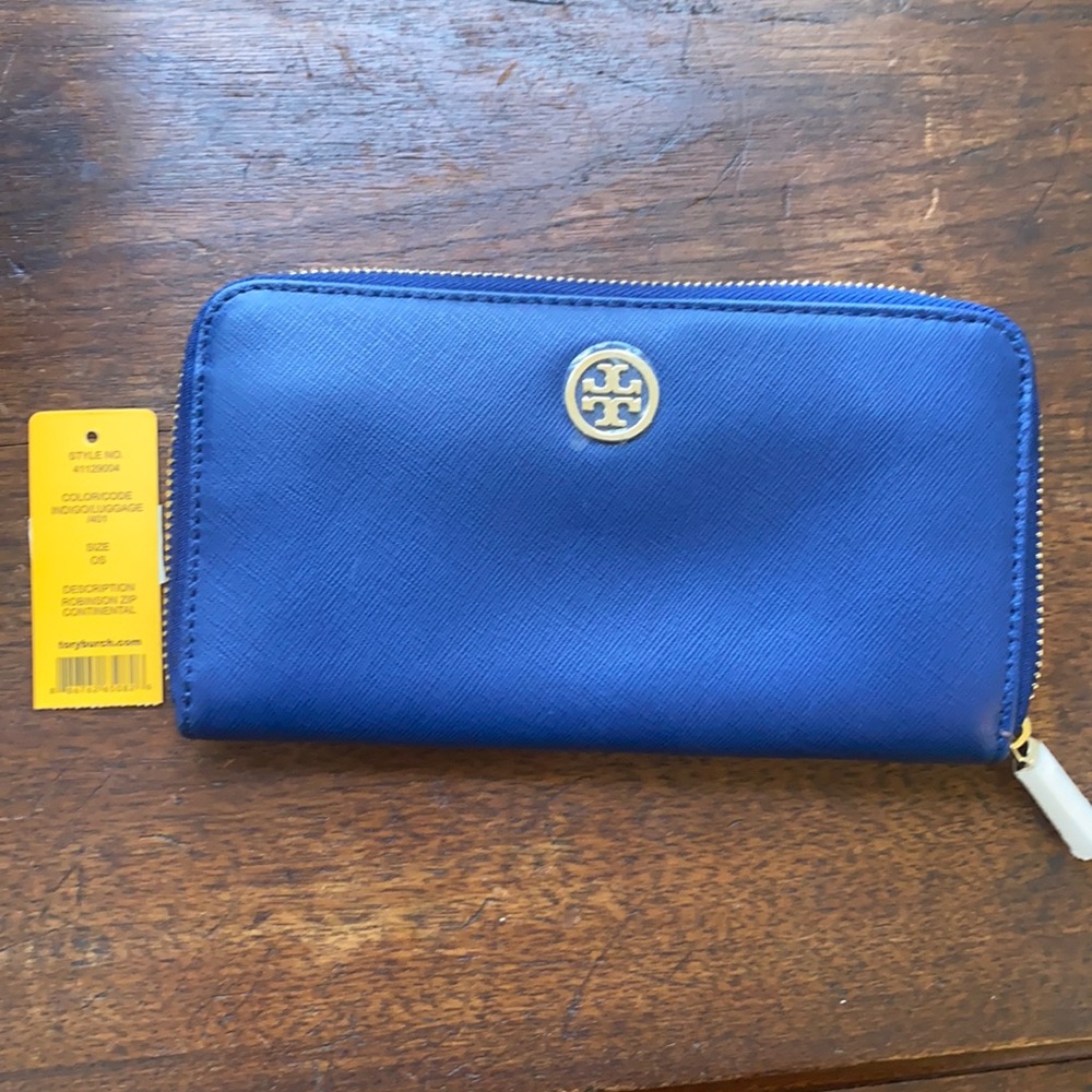Tory Burch Indigo/Luggage Robinson Zip Continental Wallet NWT